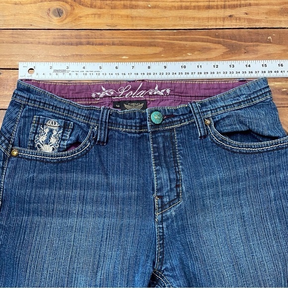 VINTAGE Lola Jeans blue embroidered flap pockets 30 boot cut leg mid to low rise - Picture 9 of 14